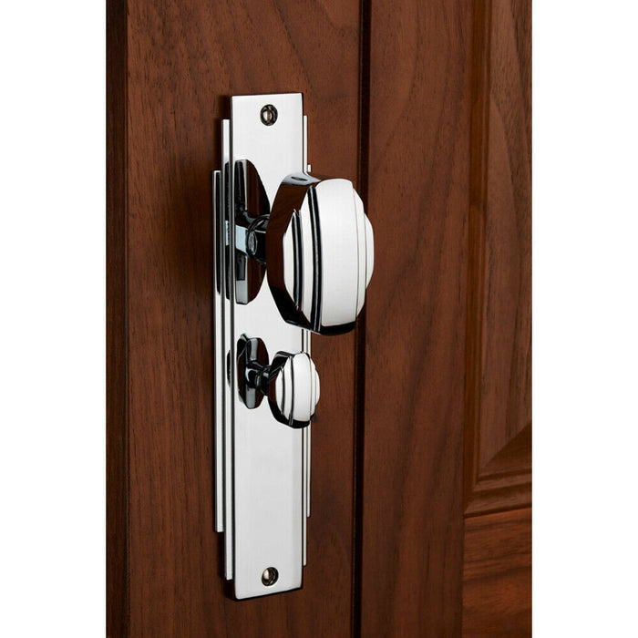 Door Knob & Bathroom Lock Pack Chrome Art Deco Premium Thumb Turn Backplate Loops