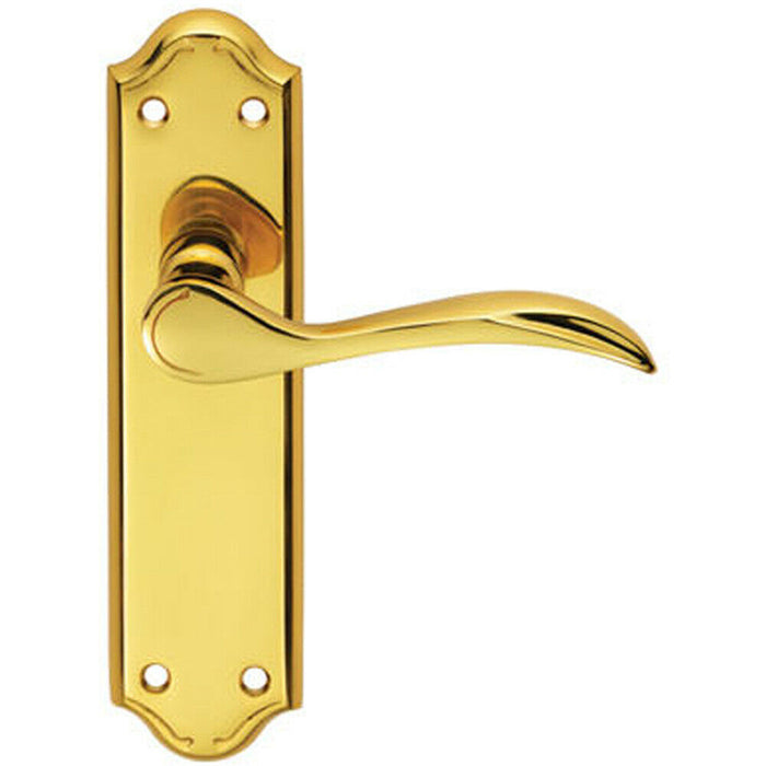 Door Handle & Latch Pack Brass Modern Scroll Curved Lever Ornate Backplate Loops
