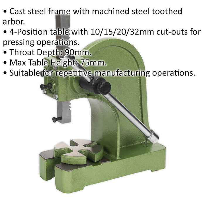0.5 Tonne Arbor Press - 4 Position Table - 90mm Throat Depth - Cast Steel Frame Loops