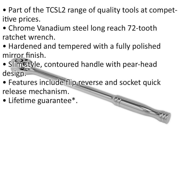 300mm Flip Reverse Ratchet Wrench - 3/8 Inch Sq Drive - Slim Pear-Head Design Loops