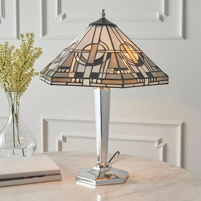 Tiffany Glass Table Lamp Light Polished Aluminium & Art Deco Hex Shade i00218 Loops