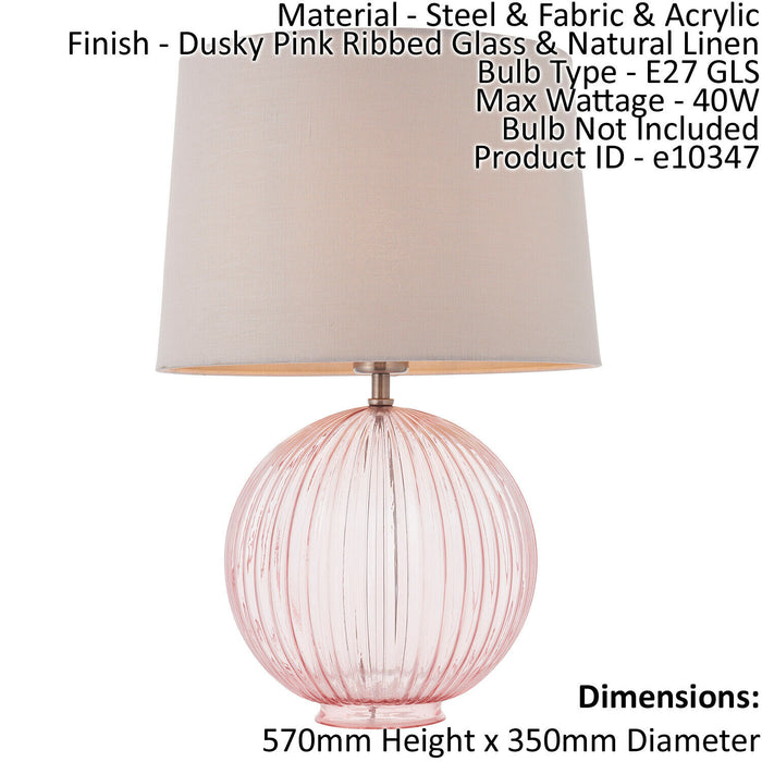Table Lamp Dusky Pink Ribbed Glass & Natural Linen 40W E27 Bedside Light Loops