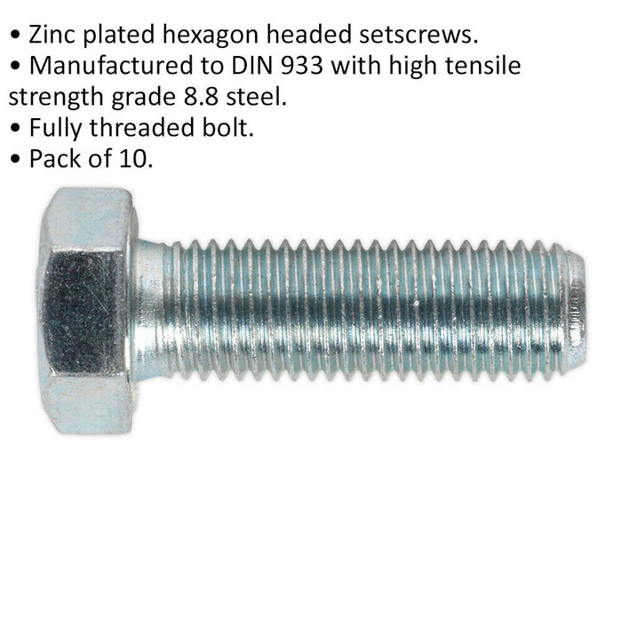10 PACK HT Setscrew - M16 x 50mm - Grade 8.8 Zinc - Fully Threaded - DIN 933 Loops