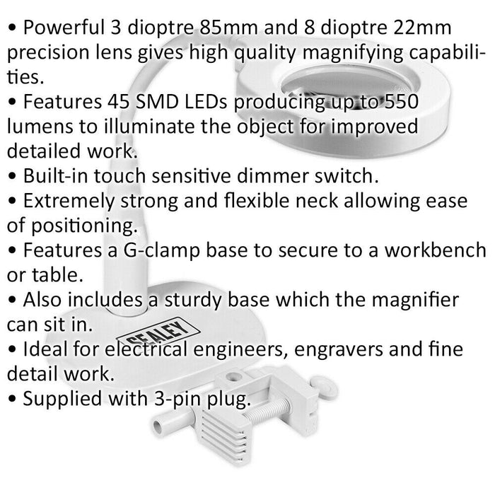 Dimmable LED Magnifying Work Light - Desk & Table Mounted - Flexible Gooseneck Loops