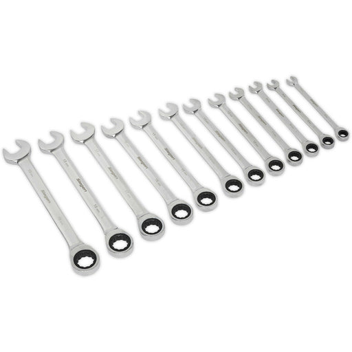 12pc Slim Handle Ratchet Combination Spanner Set 12 Point Metric Ring Open Head Loops