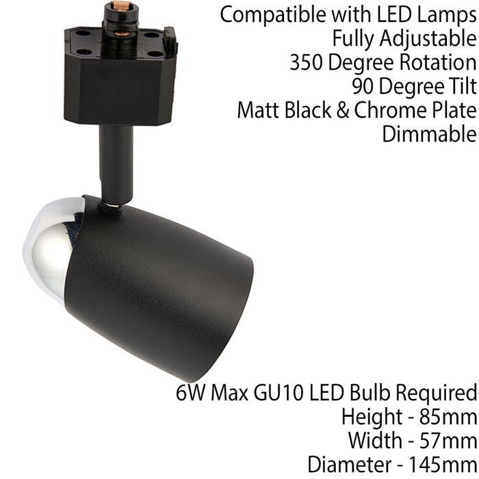 Adjustable Tilt Ceiling Track Spotlight Matt Black 50W Max GU10 Lamp Downlight Loops