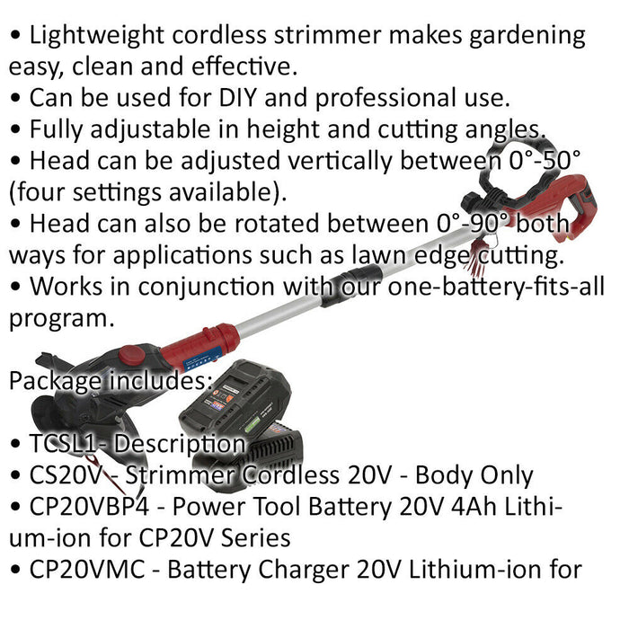 20V Lightweight Cordless Strimmer - 4aH Lithium-ion Battery & Battery Charger Loops
