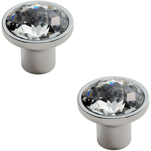 2x Round Faceted Crystal Cupboard Door Knob 34mm Diameter Polished Chrome Loops