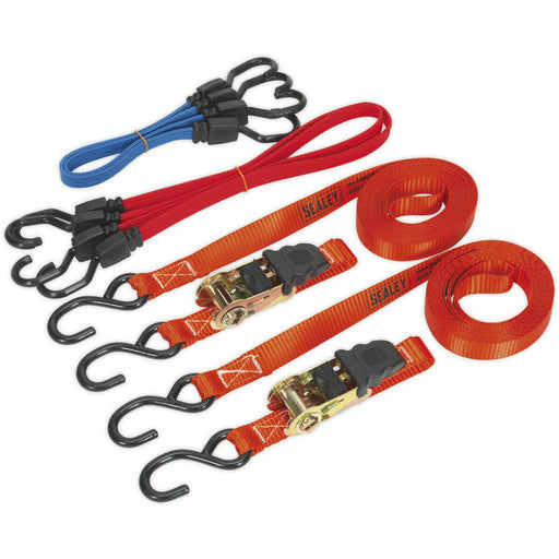 PAIR 25mm x 5m 800KG Poly Ratchet Tie Down Straps Set & Bungee Cords - S Hooks Loops