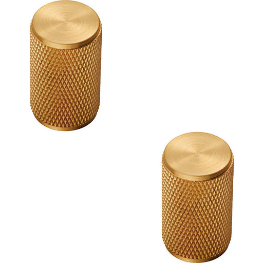 2x Knurled Cylindrical Cupboard Door Knob 18mm Dia Satin Brass Cabinet Handle Loops