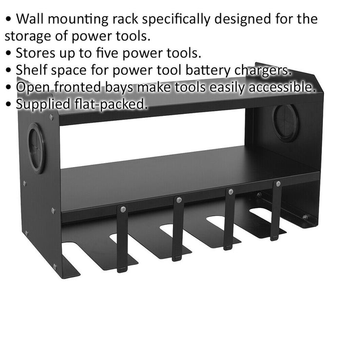 Wall Mounted Power Tool Storage Rack - 5 Open Fronted Bays - 2 Shelves Loops