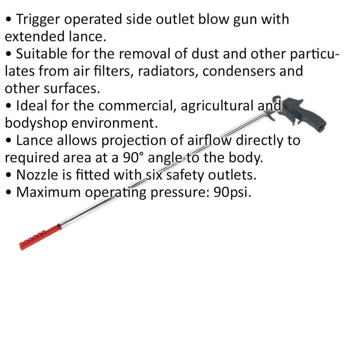 715mm Air Blow Gun - 6 Safety Side Outlets - 1/4" BSP Inlet - Extended Lance Loops