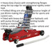 Red Short Chassis Trolley Jack - 2000kg Limit - 385mm Max Height - Low Entry Loops