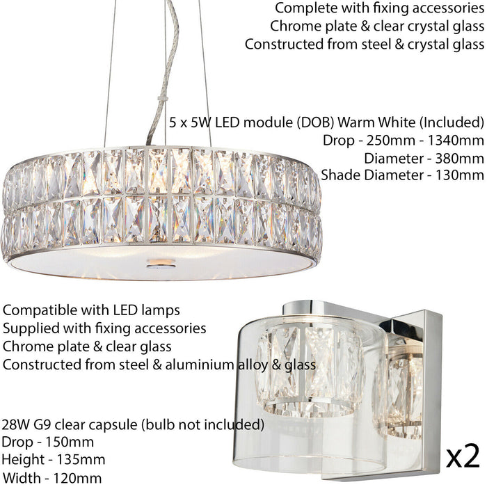 5 Bulb Ceiling Pendant & 2x Matching Wall Mount Light Chrome & Crystal Glass Loops