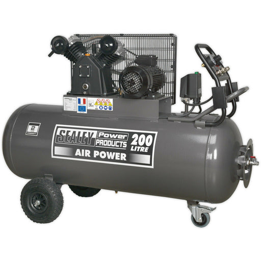 200 Litre Belt Drive Air Compressor - Front Control Panel - 3-Phase 3hp Motor Loops
