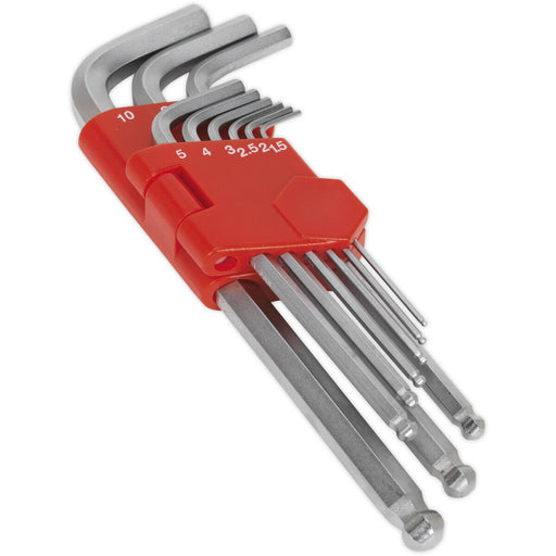 9 Piece Long Ball-End Hex Key Set -  79 - 180mm Length - 1.5mm to 10mm Size Loops