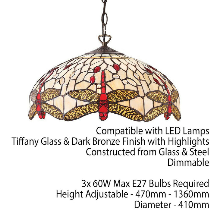 Tiffany Glass Hanging Ceiling Pendant Light Bronze Chain Dragonfly Shade i00106 Loops
