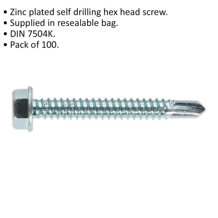 100 PACK 6.3 x 50mm Self Drilling Hex Head Screw - Zinc Plated Fixings Screw Loops