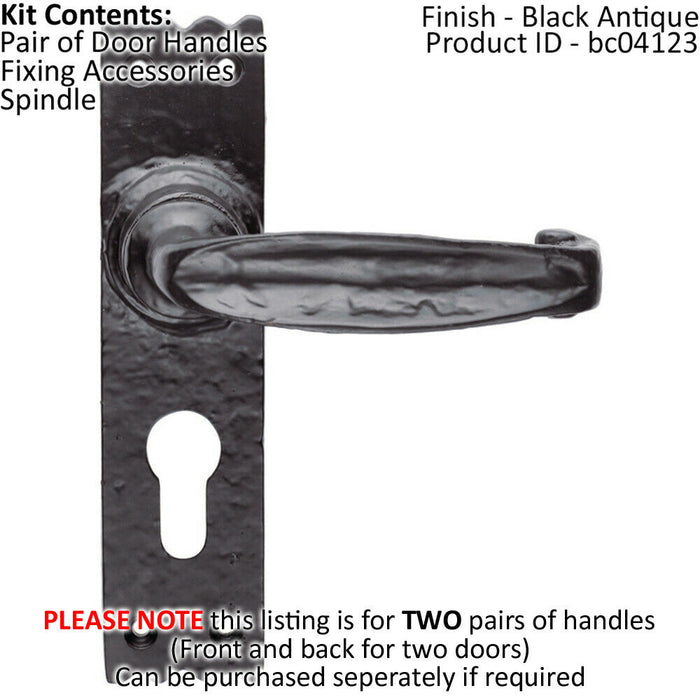 2x PAIR Creased Style Lever on Slim Euro Lock Backplate 156 x 38mm Black Antique Loops
