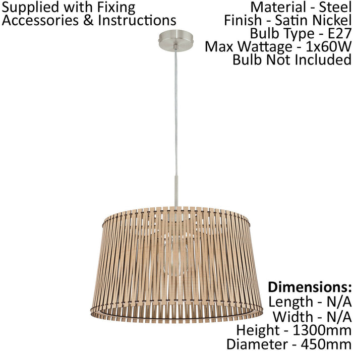 Pendant Ceiling Light Colour Satin Nickel Shade Maple Wood Bulb E27 1x60W