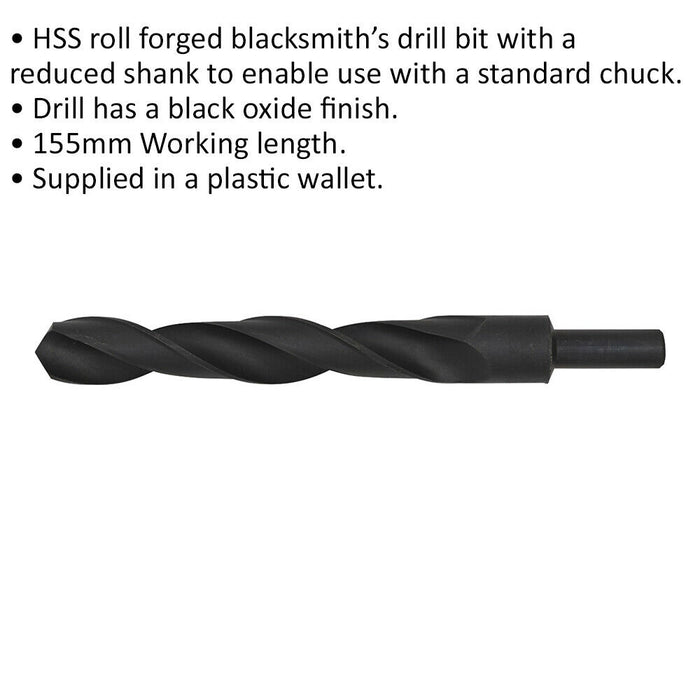 22.5 x 220mm HSS Roll Forged Blacksmith Drill Bit - Reduced Shank - 155mm Flute Loops