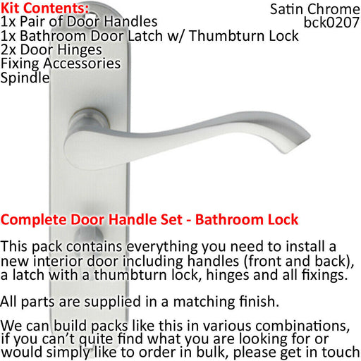 Door Handle & Bathroom Lock Pack Satin Chrome Victorian Curved Arm Backplate Loops