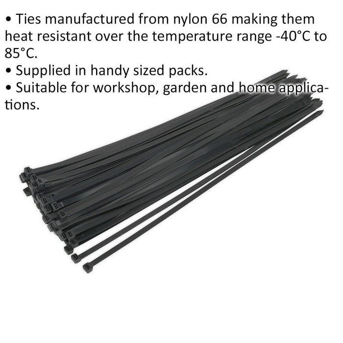 50 PACK Black Cable Ties - 650 x 12mm - Nylon 66 Material - Heat Resistant Loops