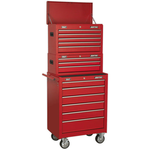 680 x 460 x 1635mm 14 Drawer Combination Tool Chest - RED Mobile Storage Box Loops