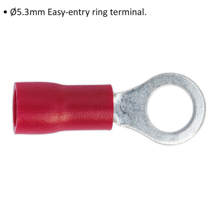 100 PACK Easy-Entry Ring Terminal - 5.3mm Diameter - 22 to 18 AWG Cable - Red Loops