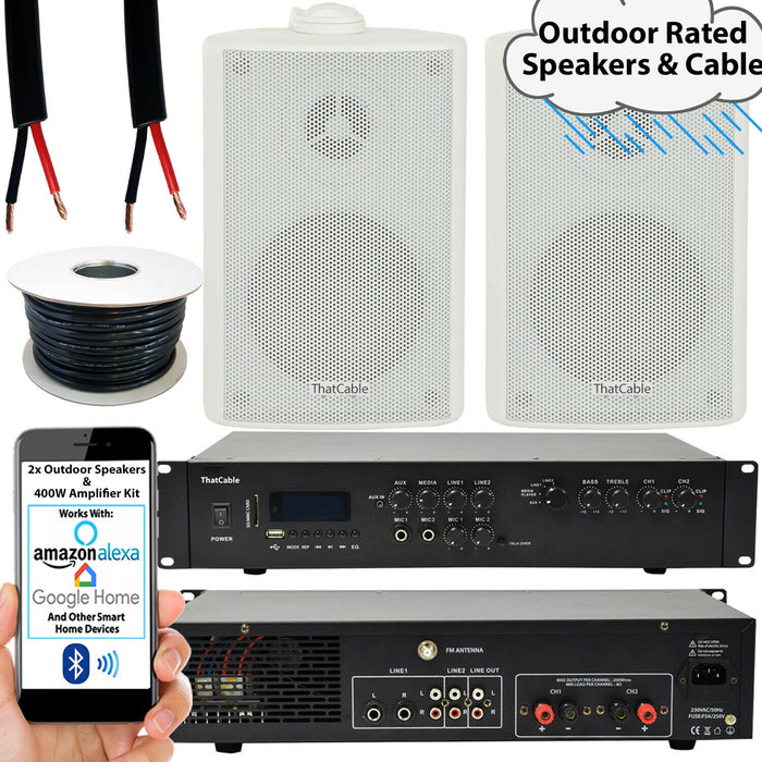 400W LOUD Outdoor Bluetooth System 2x White Speaker Weatherproof Garden Music