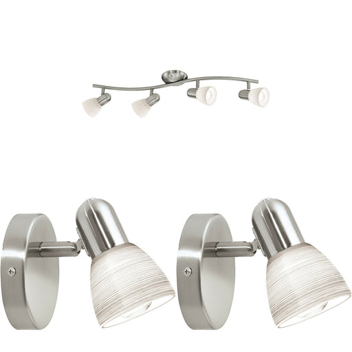 Quad Ceiling Spot Light & 2x Matching Wall Lights Satin Nickel Opal Glass Shade Loops