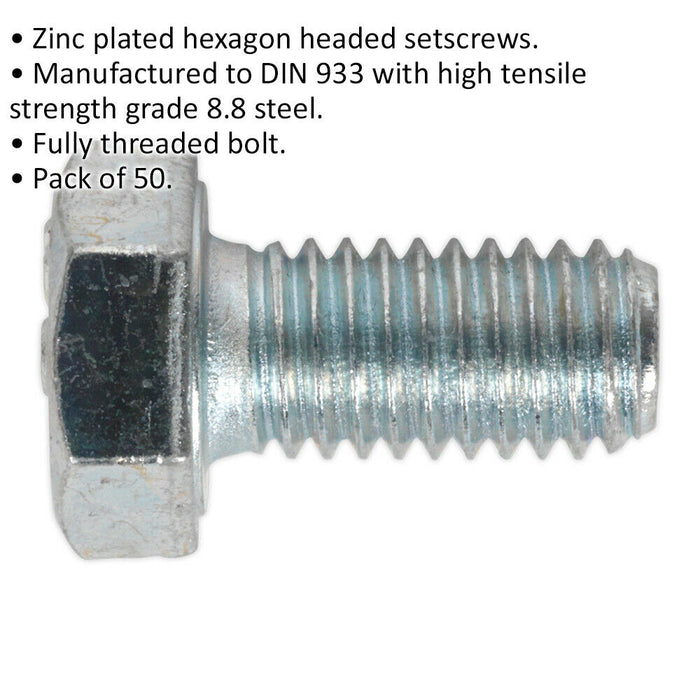 50 PACK HT Setscrew - M8 x 16mm - Grade 8.8 Zinc - Fully Threaded - DIN 933 Loops