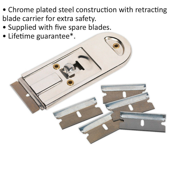 Chrome Plated Retracting Razor Scraper - 5 Spare Blades - Glass / Metal Scraper Loops
