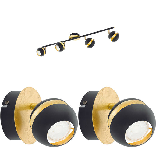 Quad Ceiling Light & 2x Matching Wall Lights Black & Gold Adjustable Trendy Loops