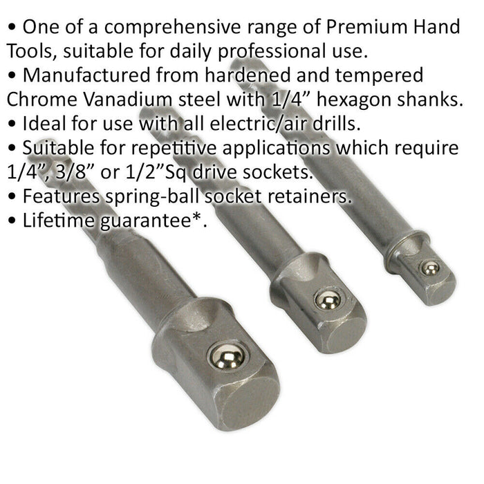 3 PACK - 1/4" Hex Chuck to Socket Adapter Converters - Power Drill Square Drive Loops