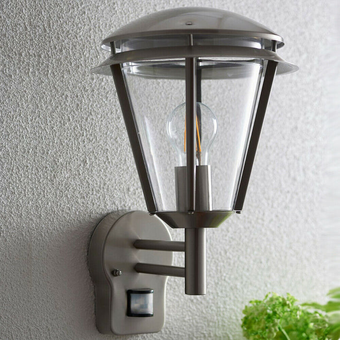 IP44 Outdoor Wall Lamp Brushed Steel Modern PIR Lantern Porch Curved Move Light Loops