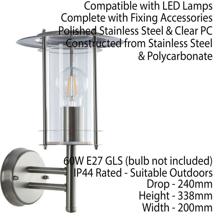 2 PACK IP44 Outdoor Wall Light Stainless Steel Lantern Glass Round Outdoor Lamp Loops