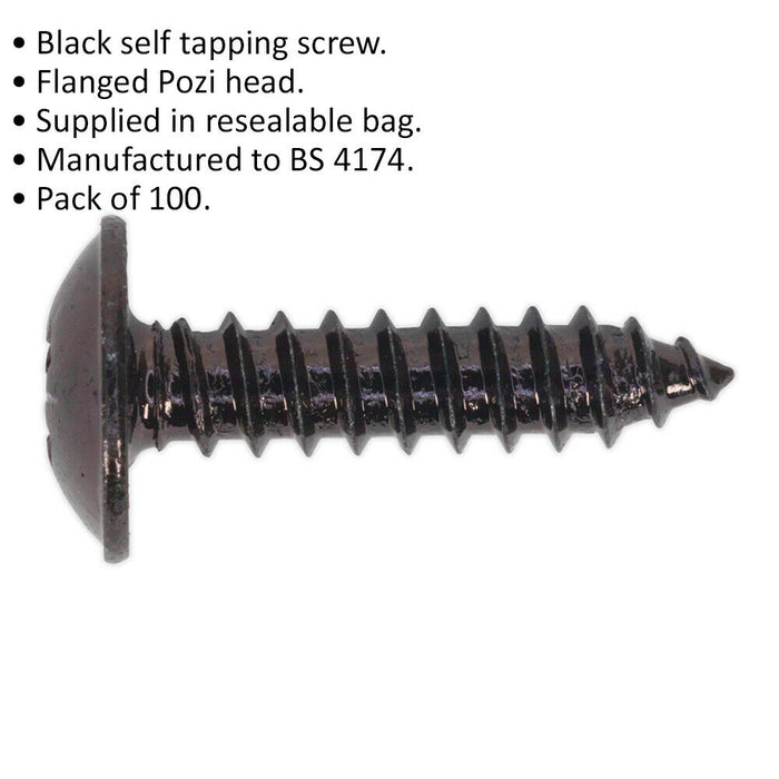 100 PACK 4.8 x 19mm Self Tapping Black Screw - Flanged Pozi Head - Fixings Screw Loops