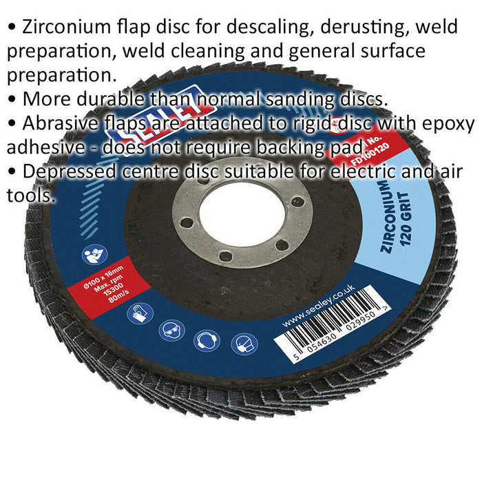100mm Zirconium Flap Disc - 16mm Bore - Depressed Centre Disc - 120 Grit Loops