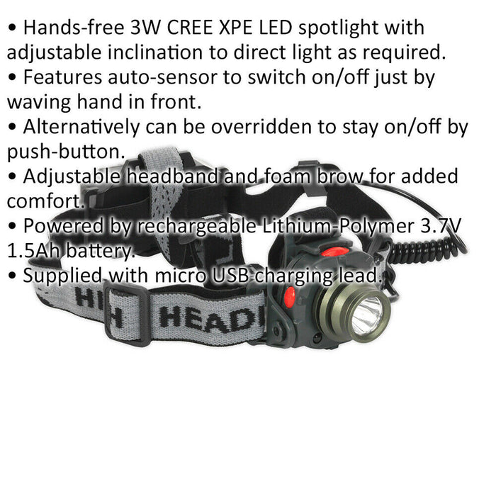 Hands Free Head & Hat Torch - 3W CREE XPE LED - Auto Sensor - Adjustable Band Loops