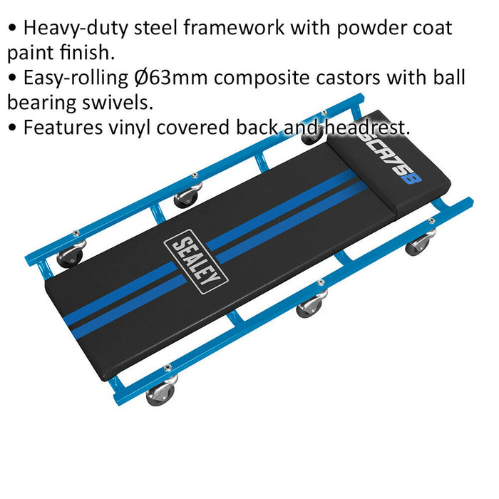 Blue Heavy Duty Steel Creeper - Composite Castors - 150kg Capacity - Vinyl Cover Loops