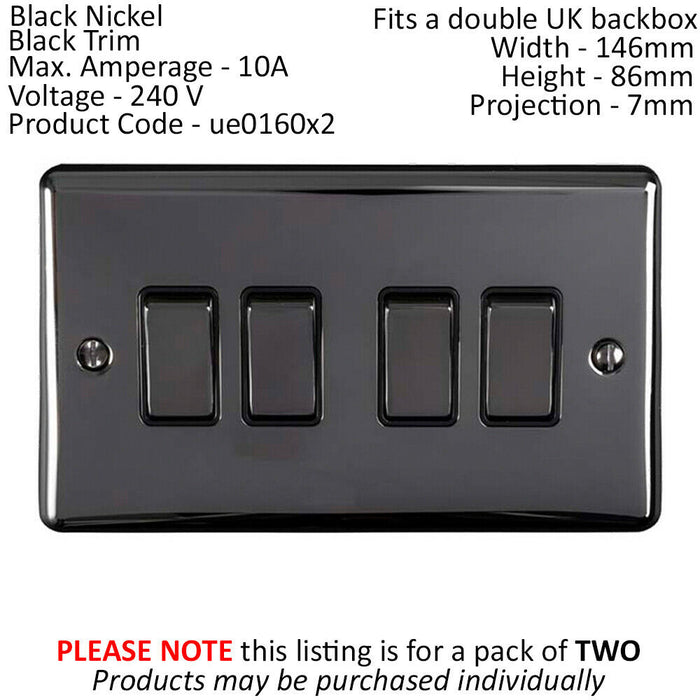 2 PACK 4 Gang Quad Light Switch BLACK NICKEL 2 Way 10A Black Trim Loops