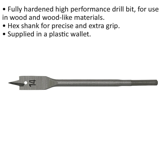 14 x 152mm Fully Hardened Wood Drill Bit - Hex Shank - High Performance Woodwork Loops