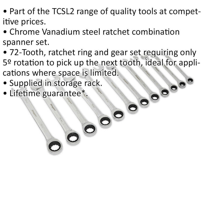 12pc Slim Handle Ratchet Combination Spanner Set 12 Point Metric Ring Open Head Loops