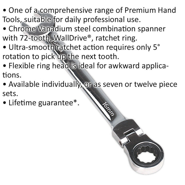16mm Flexible Ratchet Combination Spanner - Flexible Ring Head - Chrome Vanadium Loops
