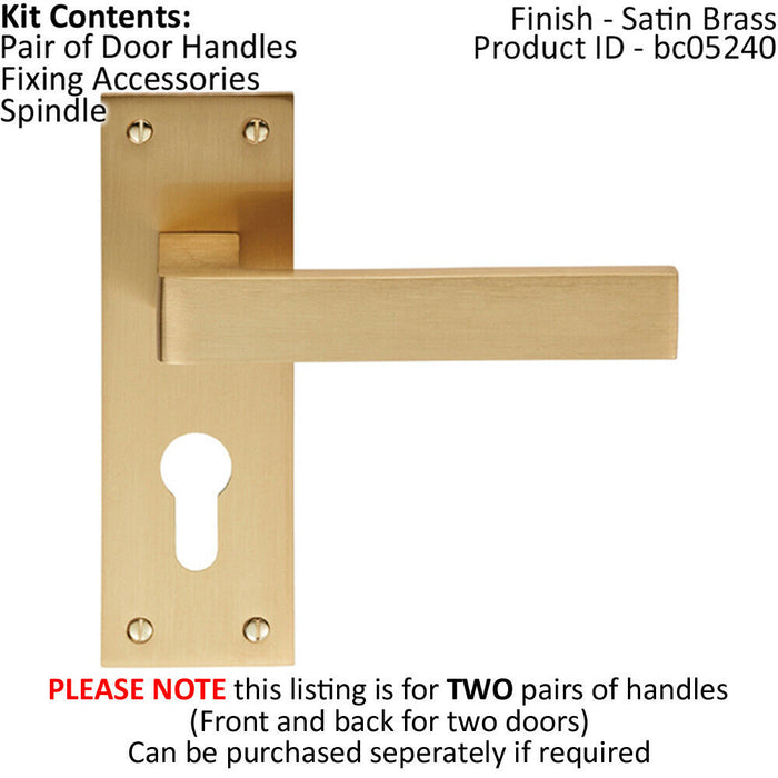 2x PAIR Straight Square Handle on Euro Lock Backplate 150 x 50mm Satin Brass Loops