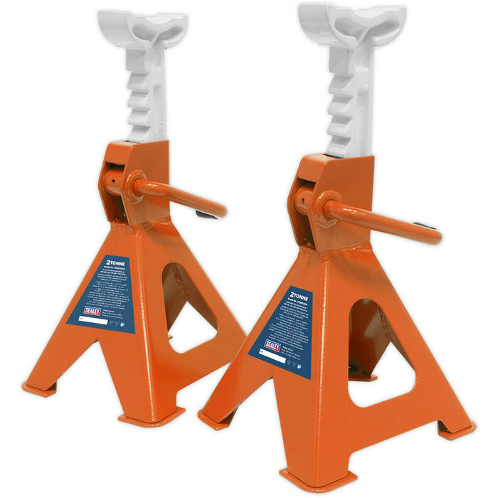 PAIR 2 Tonne Ratchet Type Axle Stands - 276mm to 410mm Working Height - Orange Loops