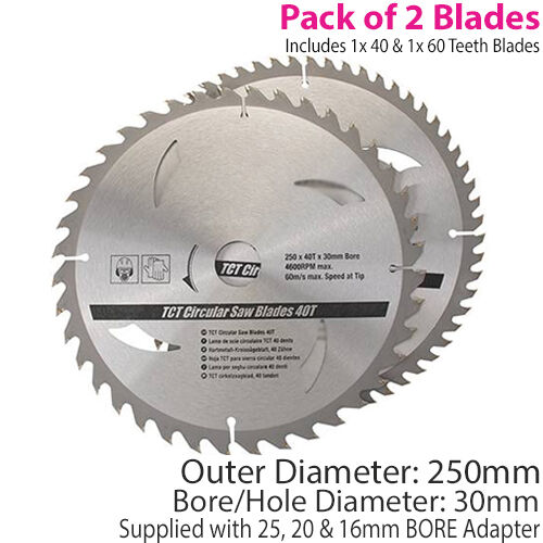 QTY 2 250mm x 30mm TCT Circular Saw Blades 40T 60T 25mm 20mm 16mm Rings Loops