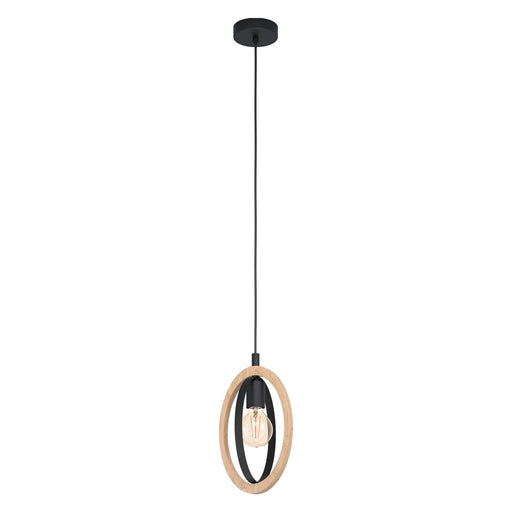 Hanging Ceiling Pendant Light Black & Wood Hoop Shade 1 x 40W E27 Bulb Loops