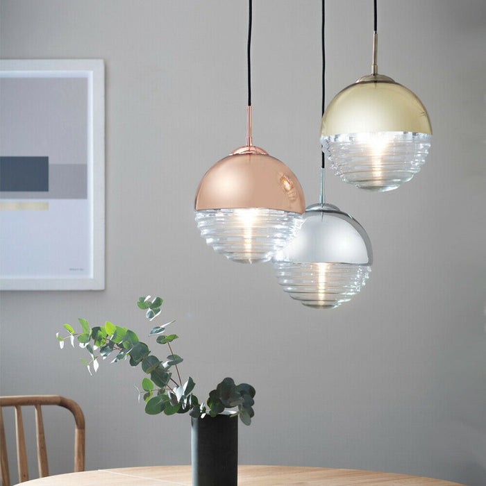 Hanging Ceiling Pendant Light CHROME & RIBBED GLASS Sphere Ball Lamp Bulb Holder Loops